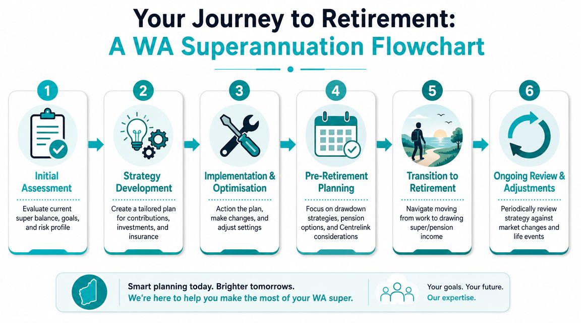 A six-step flowchart illustrating the journey to retirement planning for Western Australian superannuation fund members.