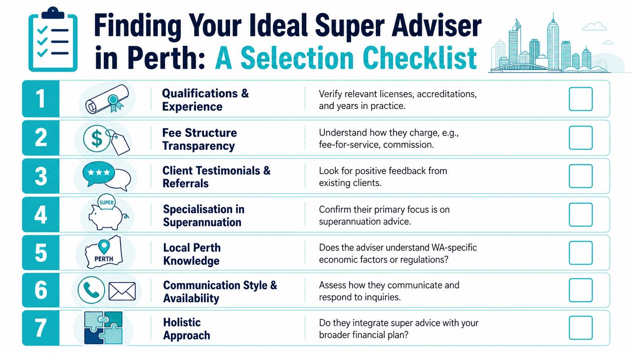 A checklist infographic titled Finding Your Ideal Super Adviser in Perth, outlining seven key selection criteria steps.