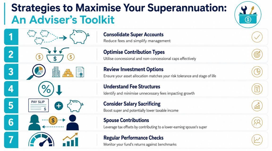 An infographic listing seven key strategies for financial advisers to help clients maximise their superannuation retirement funds.