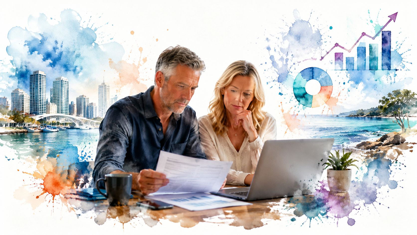 A professional couple reviewing financial documents and using a laptop while planning their future investment strategies.