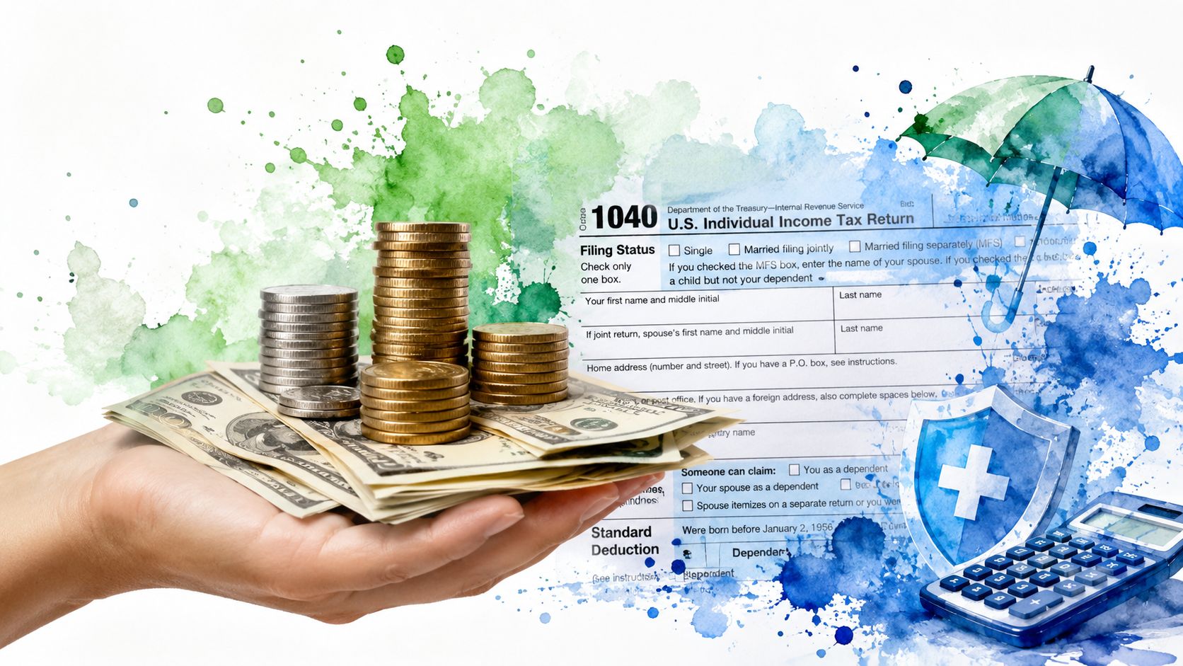 A hand holding a stack of cash and coins beside a 1040 tax form and an umbrella.