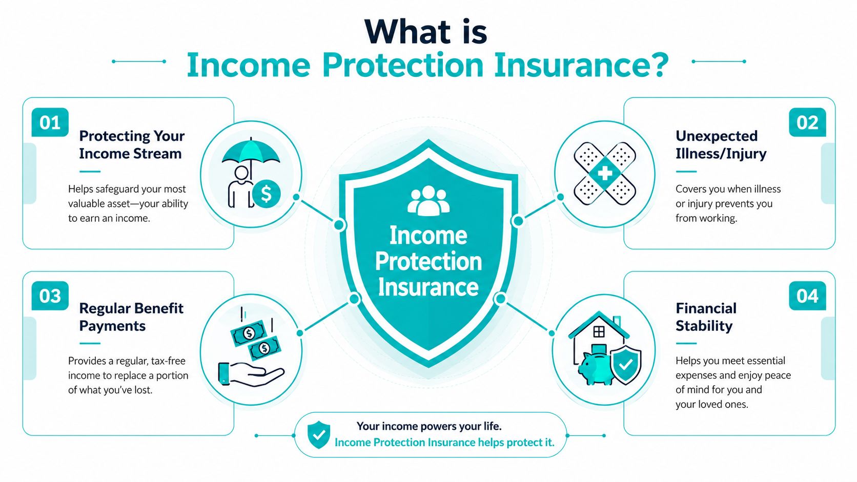 An infographic titled What is Income Protection Insurance, showing four benefits of purchasing this type of coverage.
