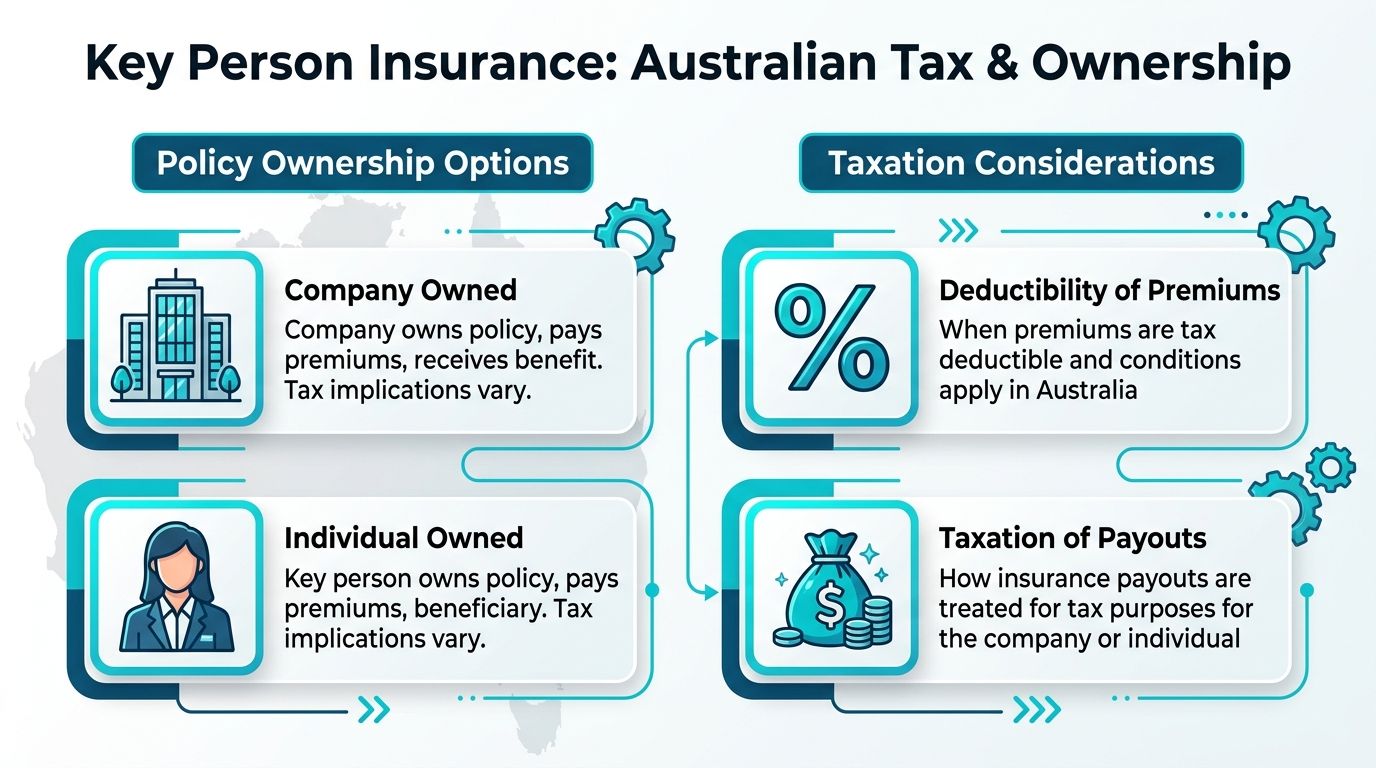 An infographic detailing policy ownership options and taxation considerations for key person insurance in Australia.