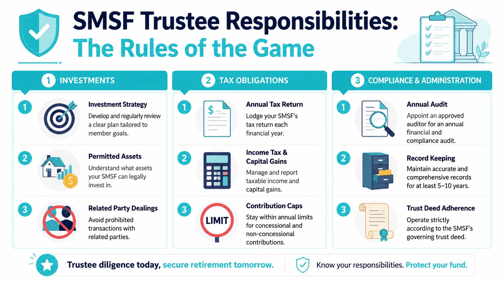 An infographic detailing SMSF trustee responsibilities including investments, tax obligations, and compliance administration duties.