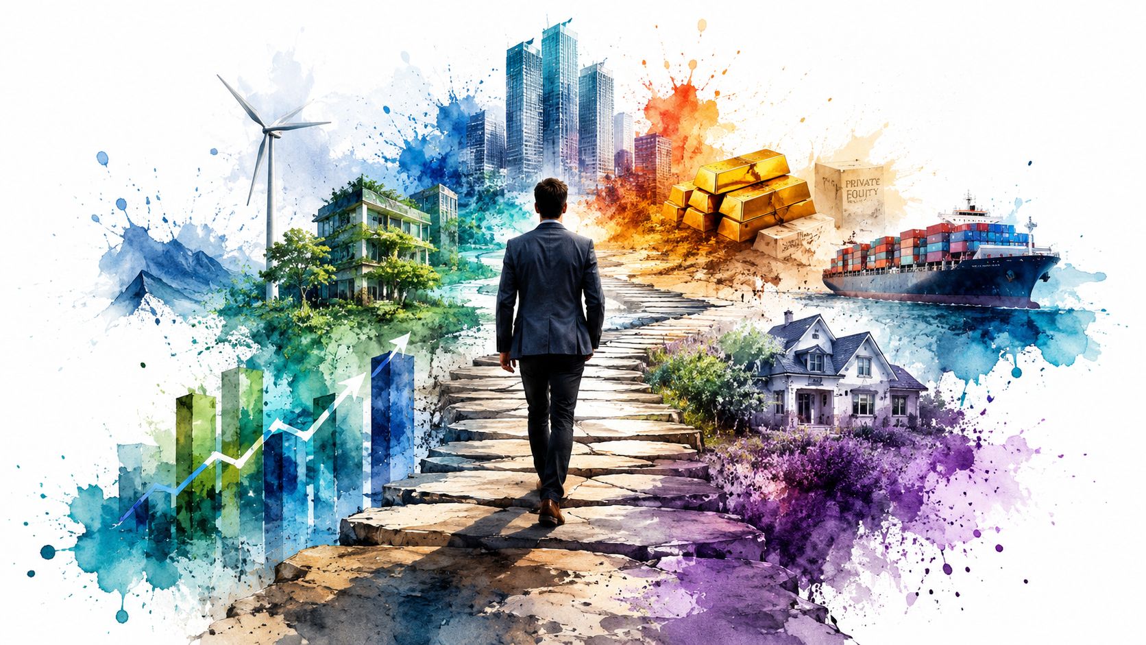A businessman walking on a stone path surrounded by various financial and investment symbols and industries.
