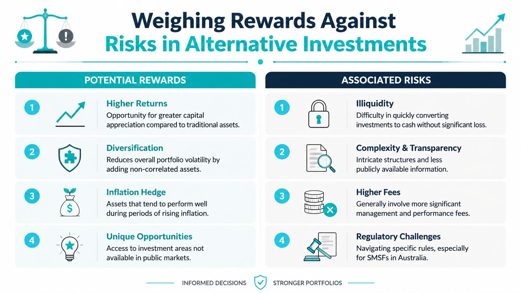 An infographic comparing potential rewards and risks associated with alternative investments in a financial portfolio.