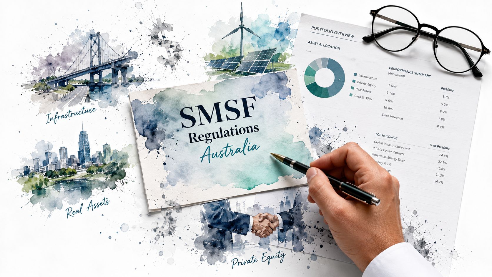 A hand holding a pen over a document about SMSF regulations in Australia with financial illustrations.