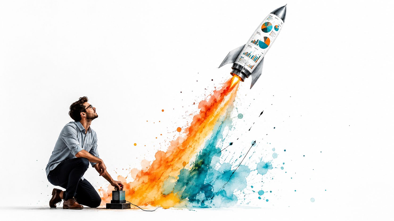 A businessman crouching and launching a rocket decorated with business charts representing successful investment growth strategies.