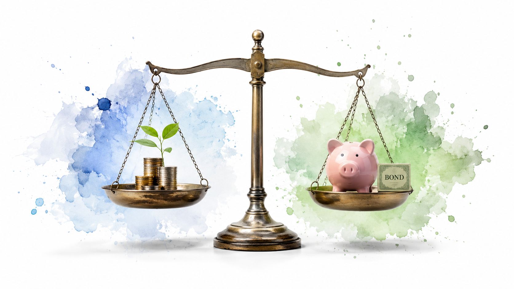 A balanced scale featuring a stack of coins with a plant on one side and a piggy bank with a bond on the other.