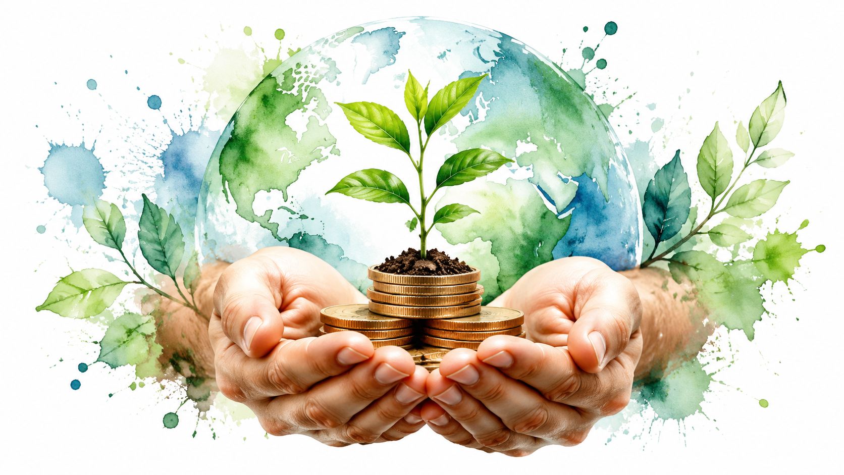 A person holding coins with a small plant growing out of them in front of a globe.