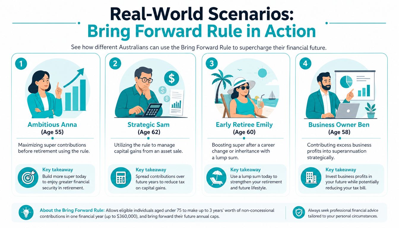 An infographic showing four scenarios where Australians use the Bring Forward Rule for their superannuation contributions.