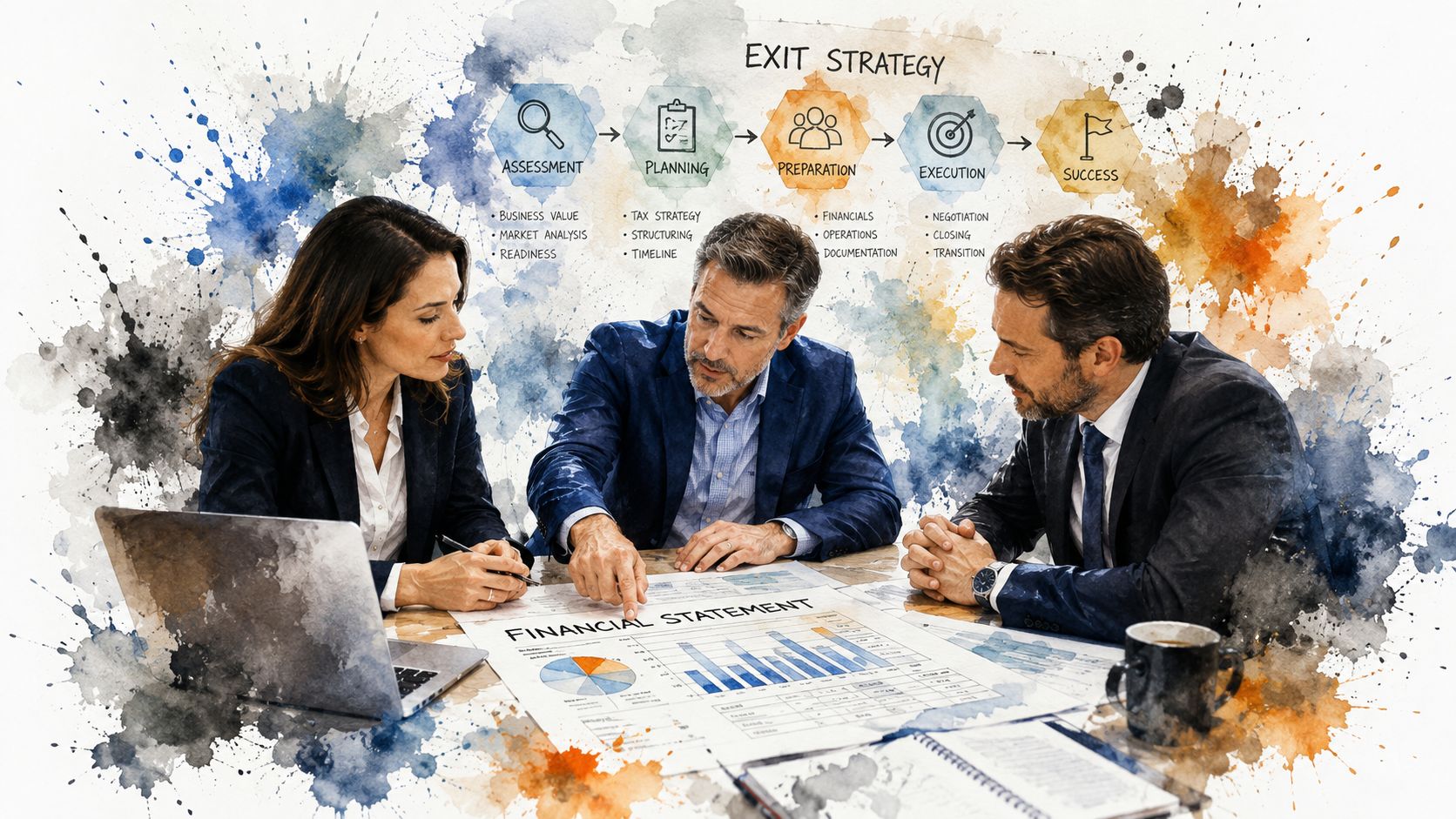 A professional team of business advisors discussing a financial statement during an exit strategy planning meeting.