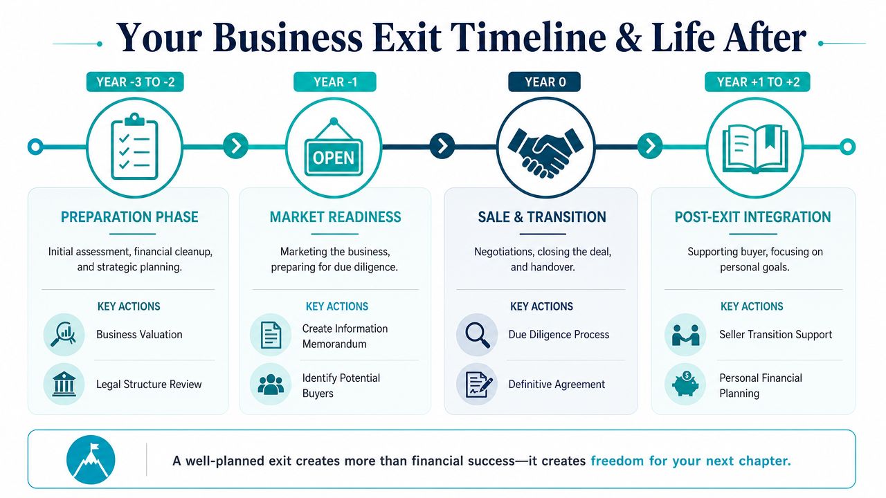 A timeline graphic showing the four stages of a business exit strategy from preparation to post-exit integration.