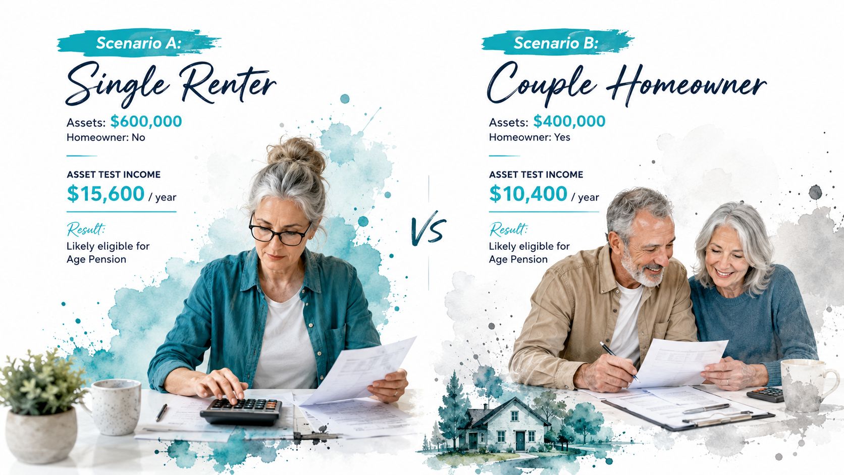An infographic comparing Centrelink asset test scenarios for a single renter versus a couple homeowner.