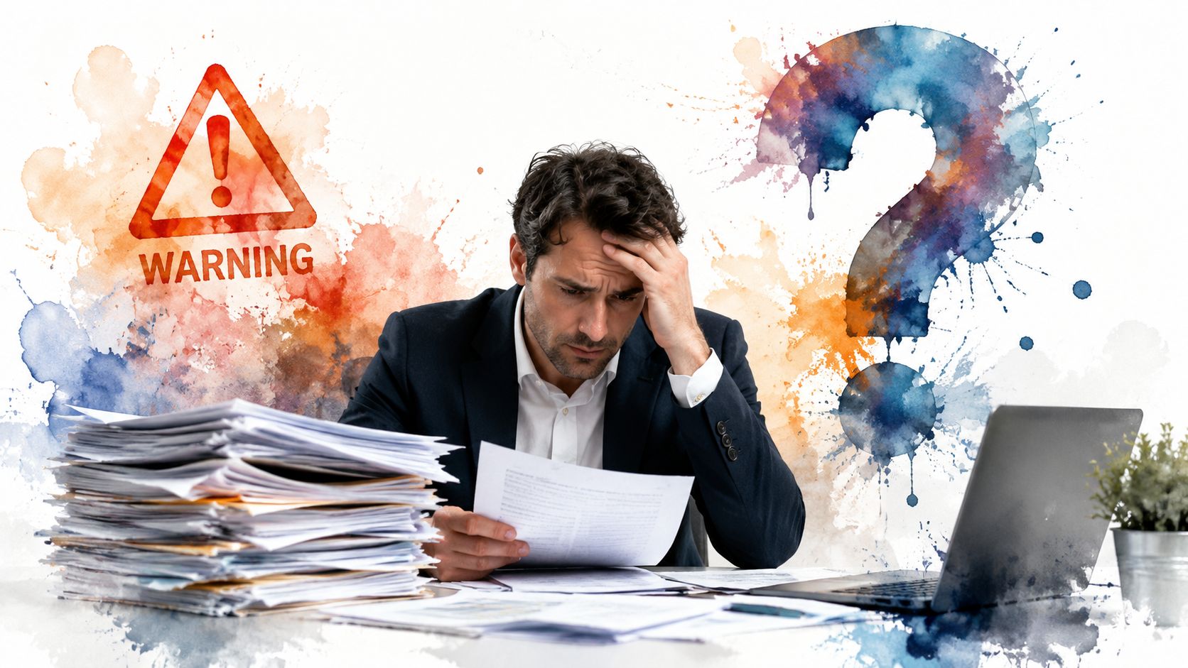 A stressed businessman looking at paperwork with a warning sign and a question mark symbol behind him.