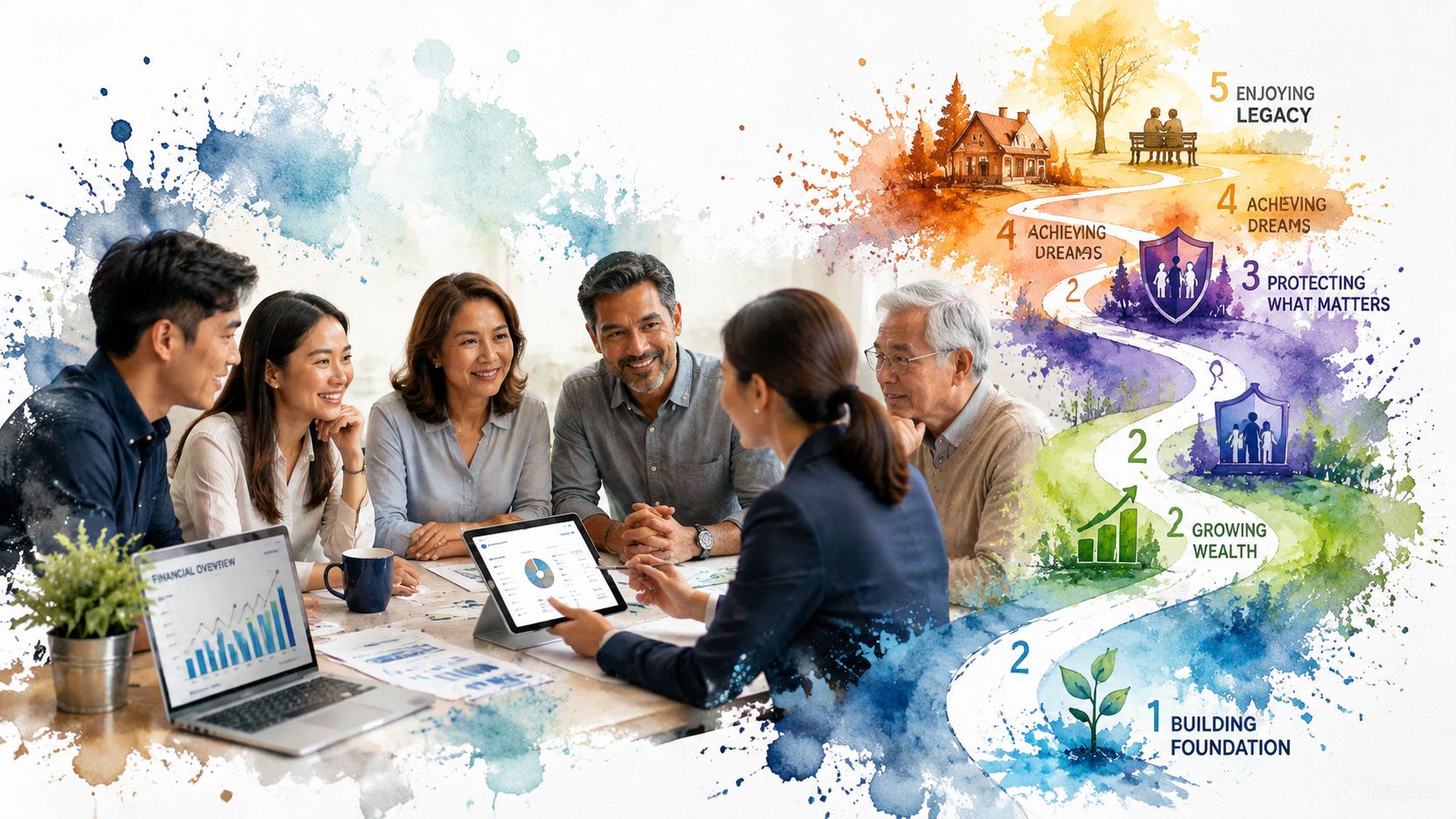 A diverse group of people sitting around a table with a financial advisor discussing wealth management.