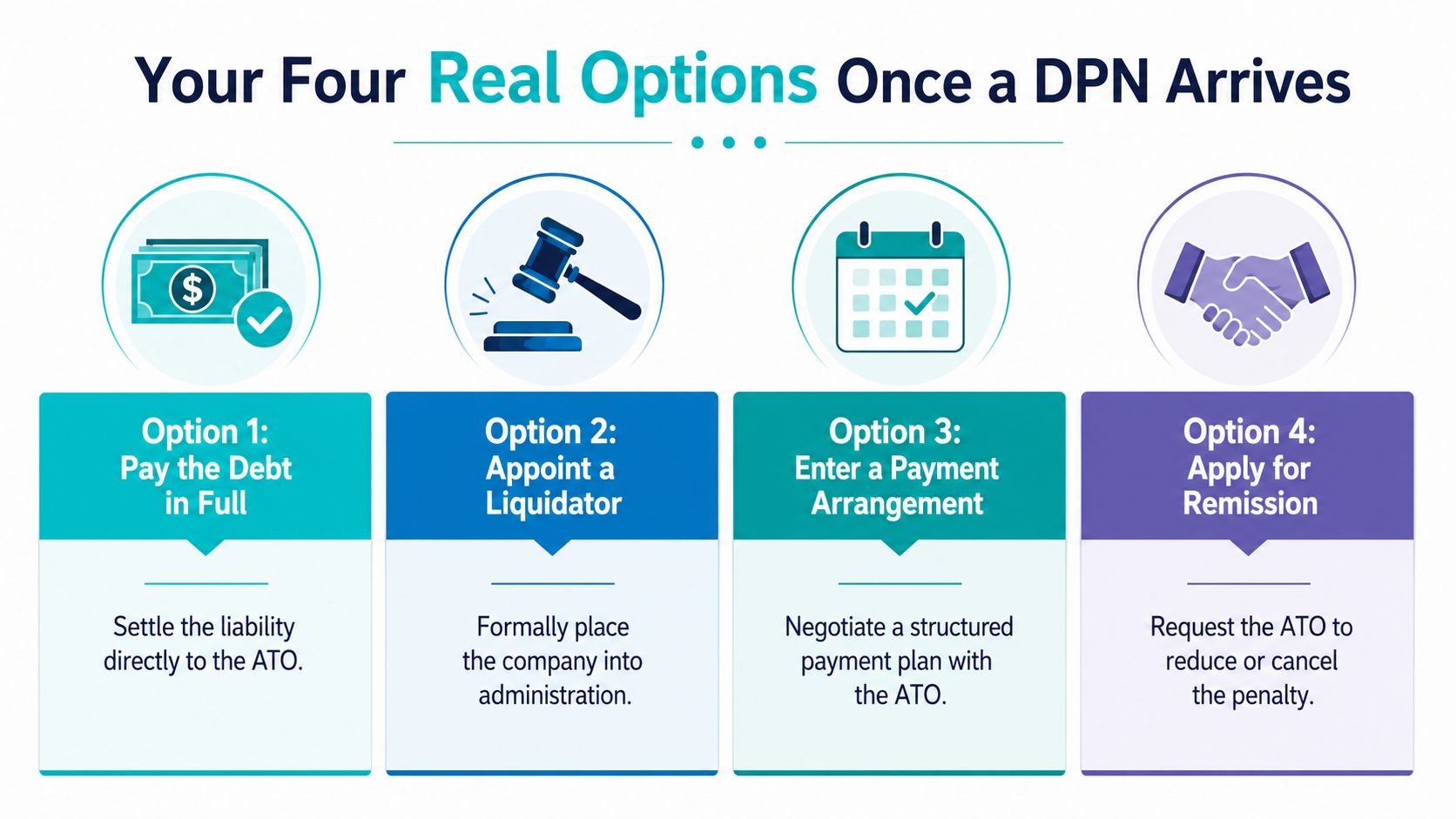 An infographic showing four options for directors after receiving a Director Penalty Notice from the ATO.