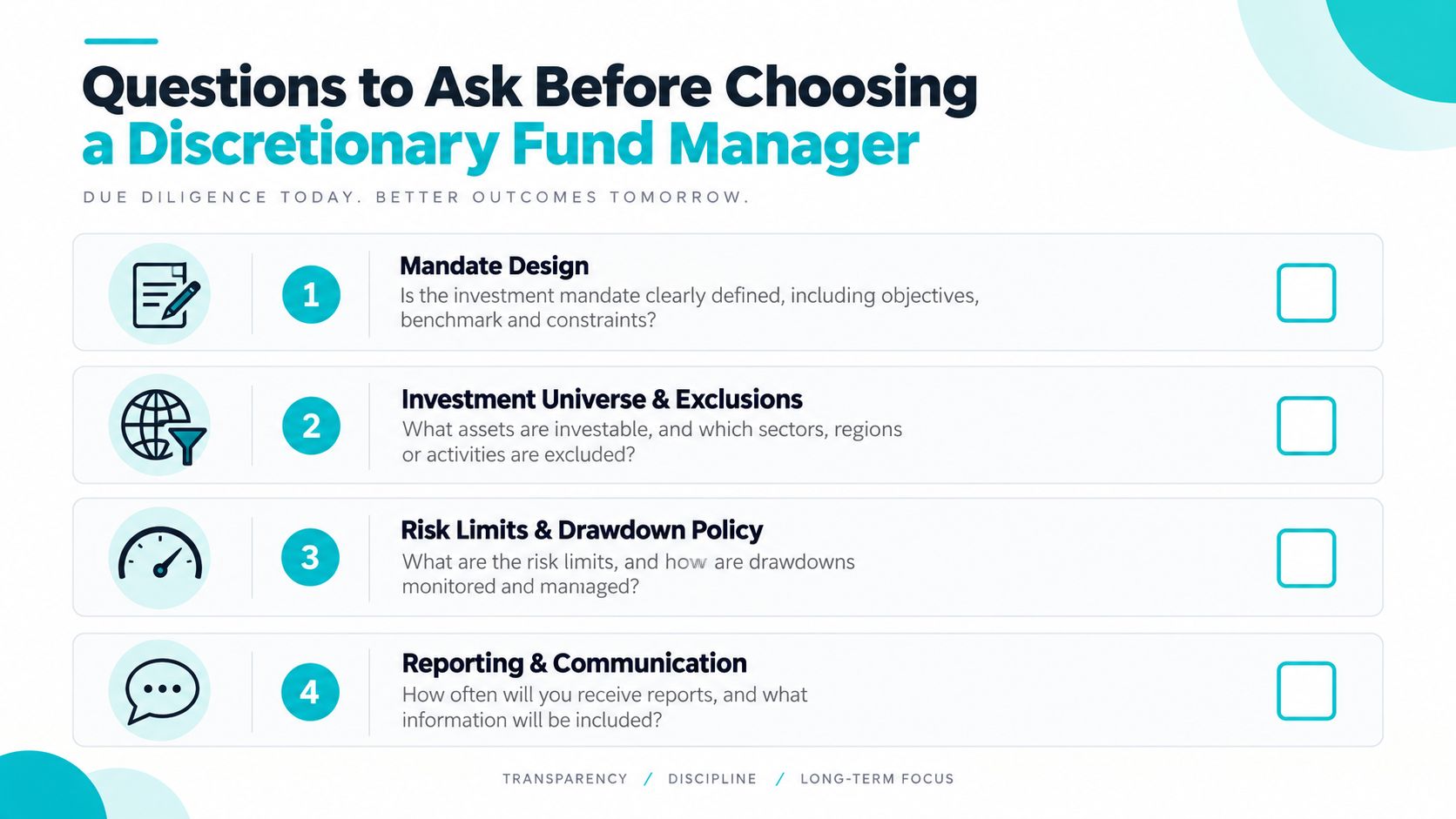 A checklist titled Questions to Ask Before Choosing a Discretionary Fund Manager, listing four key assessment criteria.