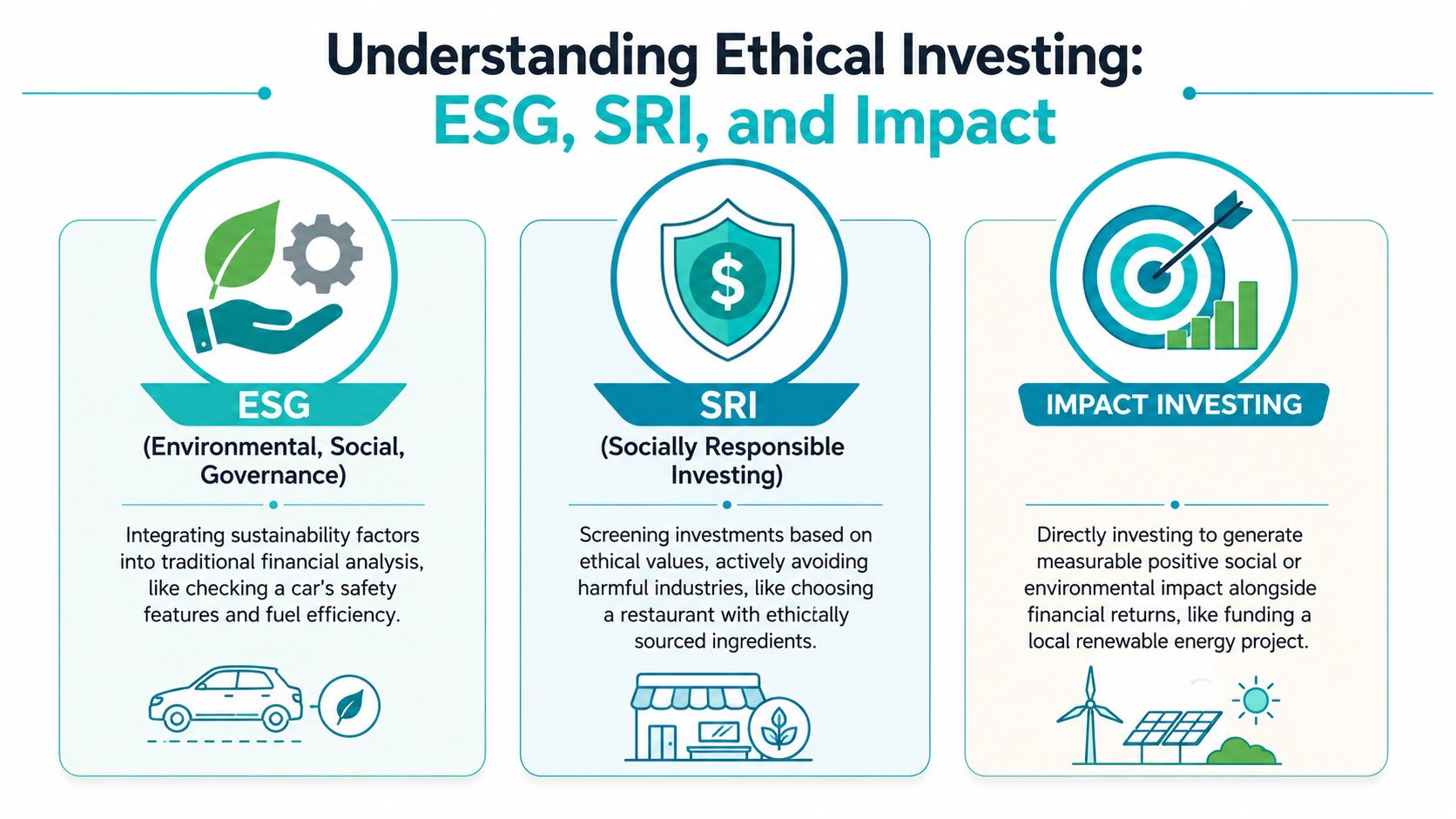 An infographic illustrating the differences between ESG, SRI, and impact investing with icons and short definitions.