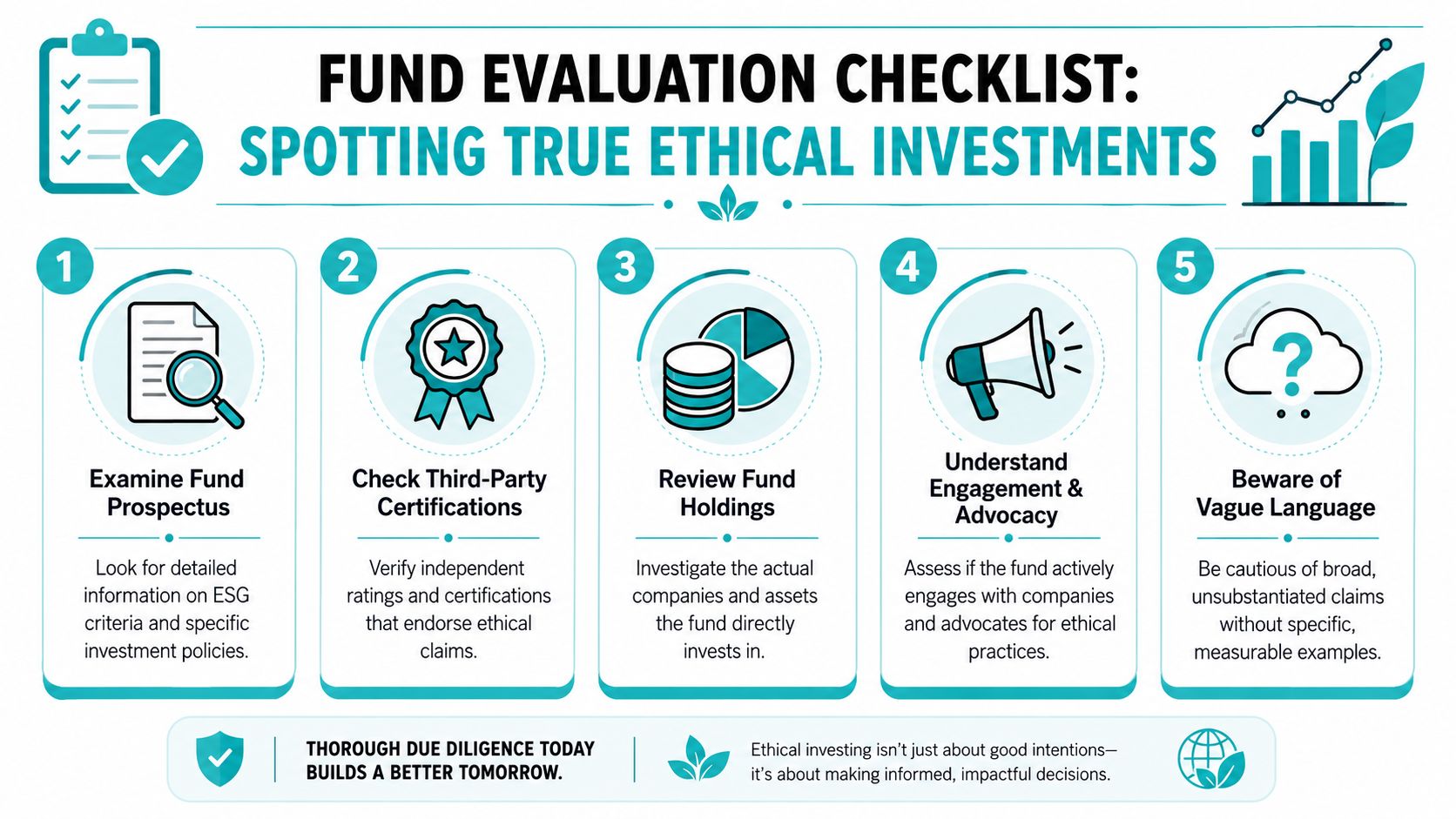 A five-step infographic guide explaining how to evaluate and spot truly ethical investment funds.