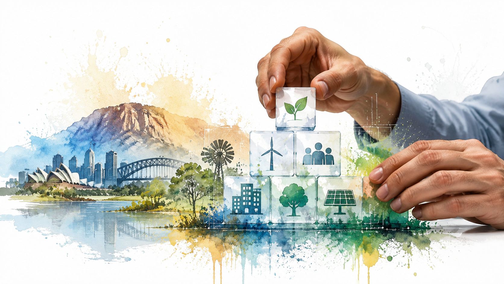 A conceptual watercolor illustration of sustainable city building in Australia with hands placing blocks of green icons.