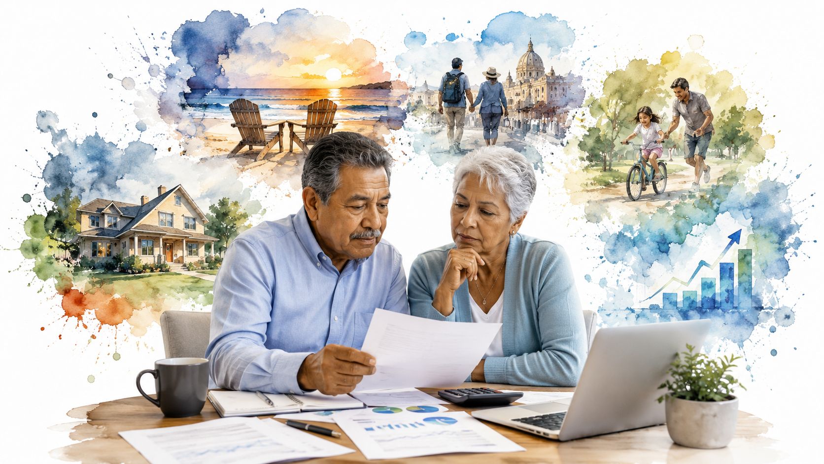 An elderly couple reviews financial documents together while dreaming of retirement, travel, family time, and home ownership.