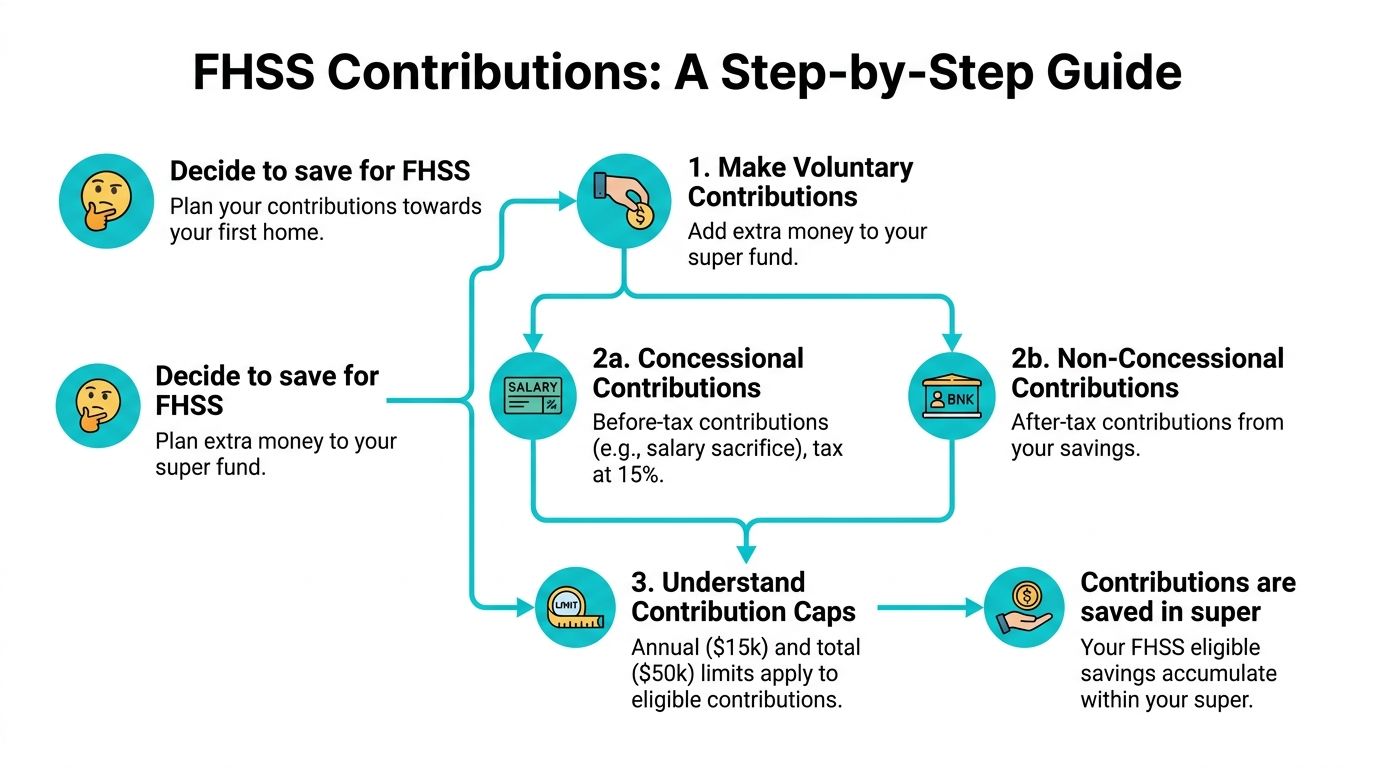 A flowchart explaining the step-by-step process for making First Home Super Saver scheme contributions.