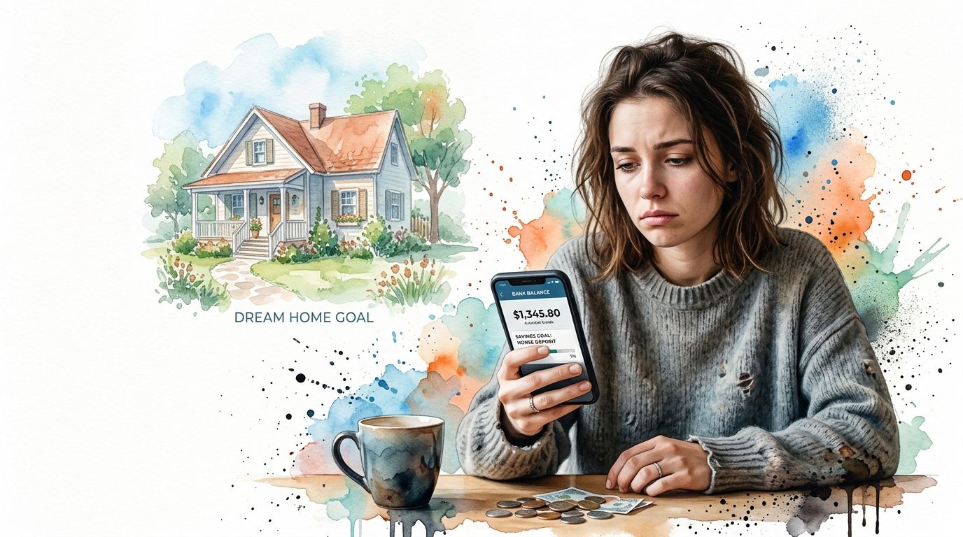 A woman looks concerned at her phone showing a small bank balance while dreaming of home ownership.