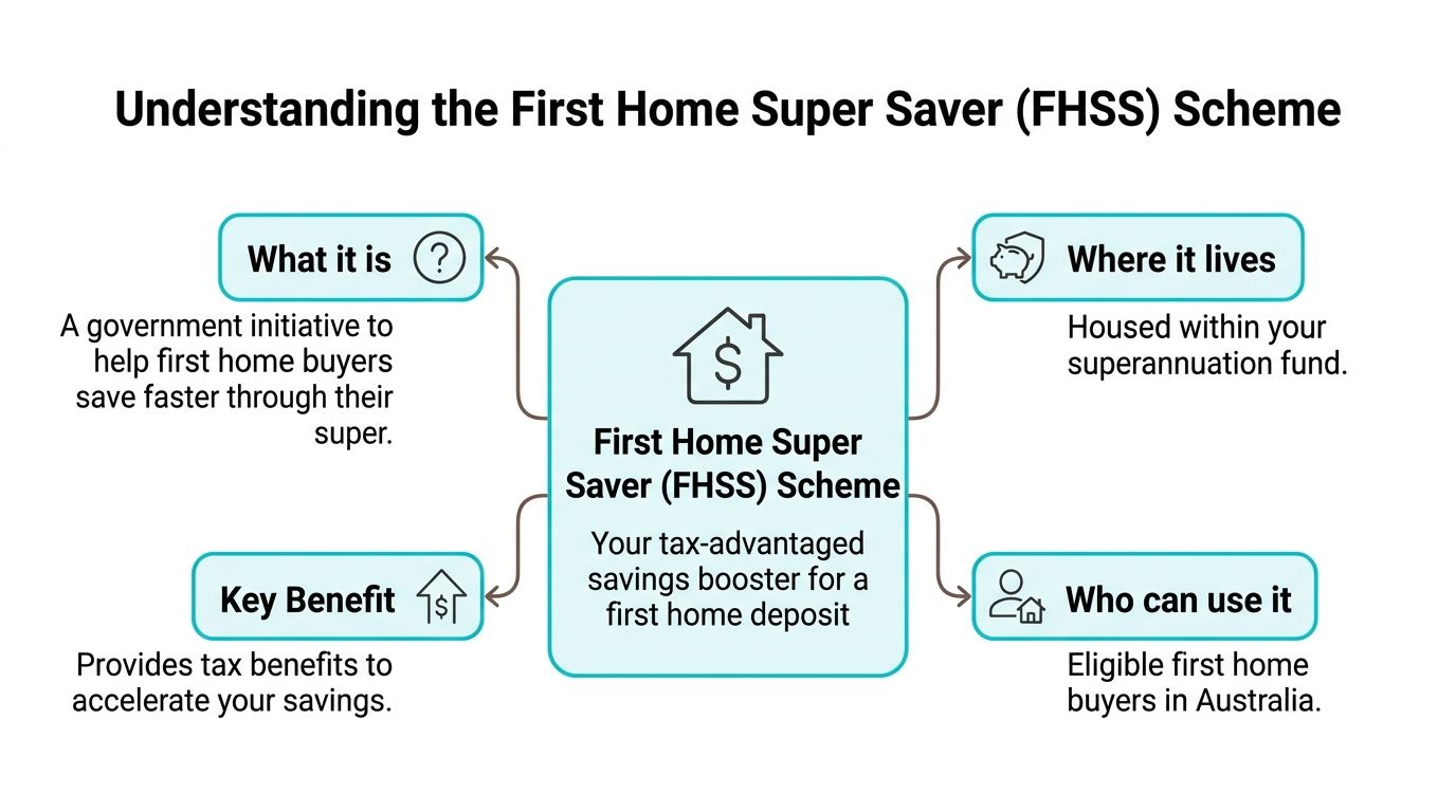 A diagram explaining the First Home Super Saver scheme for Australian first home buyers.