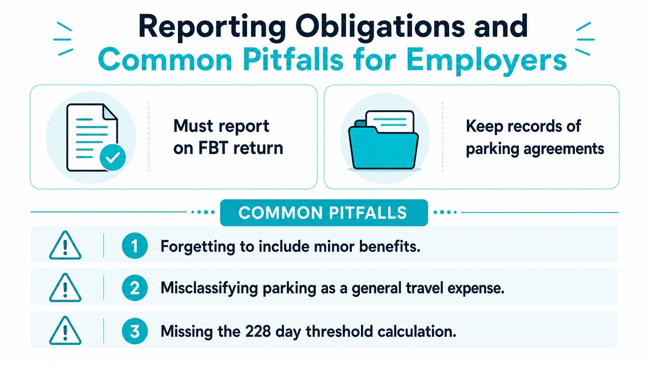 An infographic showing employer reporting obligations and common pitfalls related to fringe benefits tax and parking.