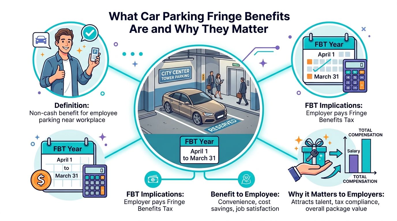 An infographic explaining car parking fringe benefits, including definitions, tax implications, and benefits for employees and employers.