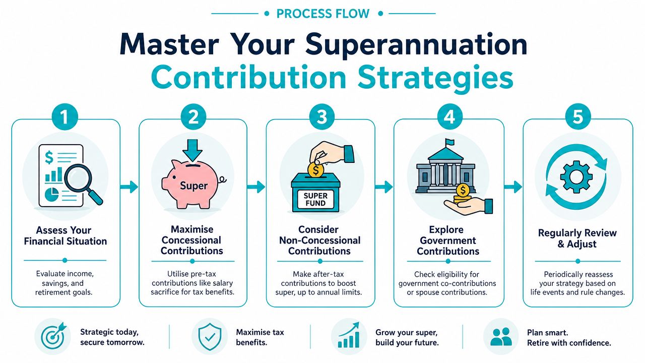 A five-step process flow infographic outlining strategies for maximizing superannuation contributions and planning for a secure retirement.