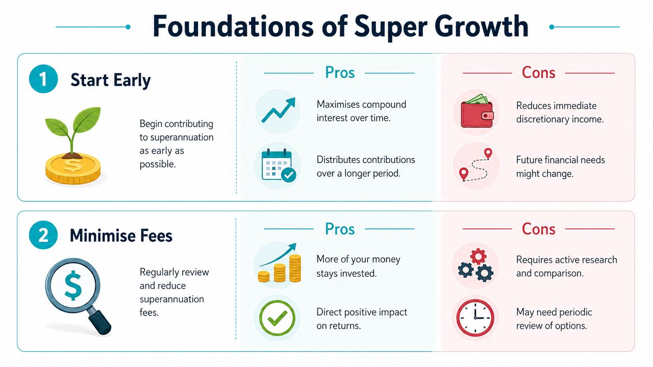 An infographic titled Foundations of Super Growth, detailing the pros and cons of starting early and minimizing fees.