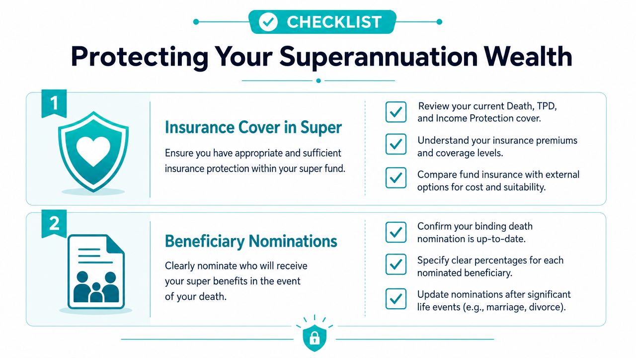 A checklist infographic titled Protecting Your Superannuation Wealth covering insurance cover and beneficiary nominations for superannuation funds.