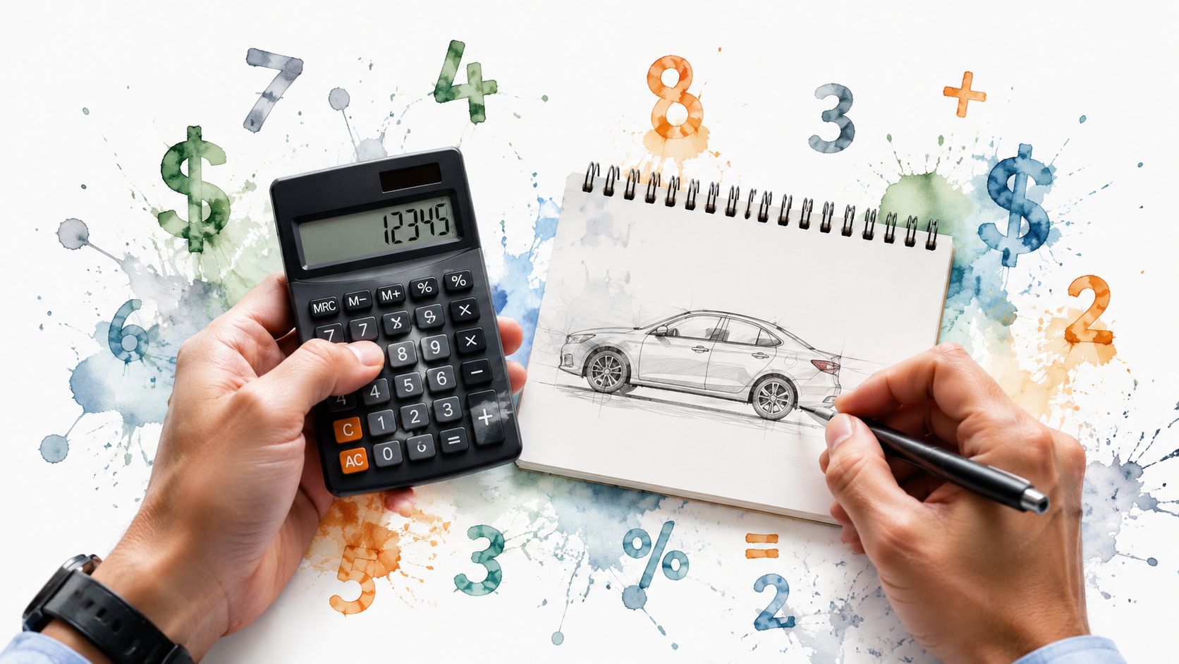 A person using a calculator while sketching a car in a notepad surrounded by colorful watercolor numbers.