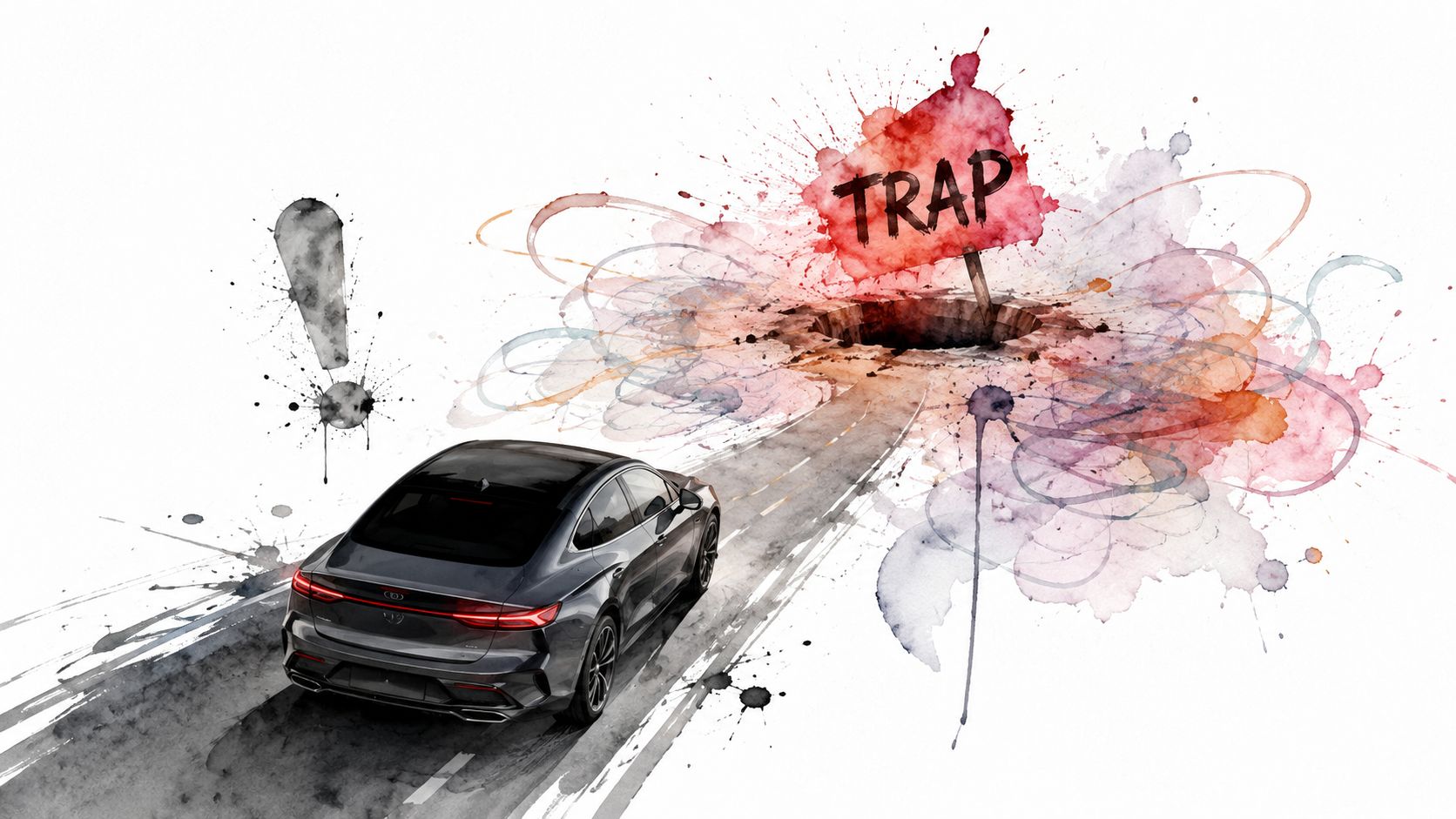 A car driving on a road toward a dark hole labeled as a trap, watercolor style illustration.