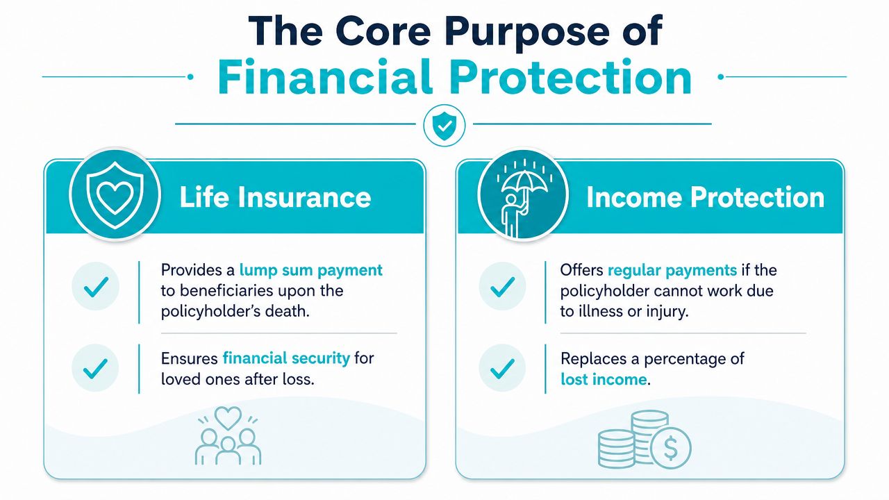 An infographic comparing life insurance and income protection plans, highlighting their key features and purposes for financial stability.