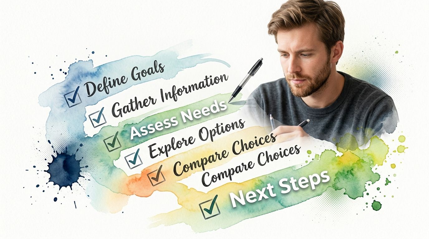 A man thoughtfully writing a checklist process for life insurance and financial planning on a watercolor background.