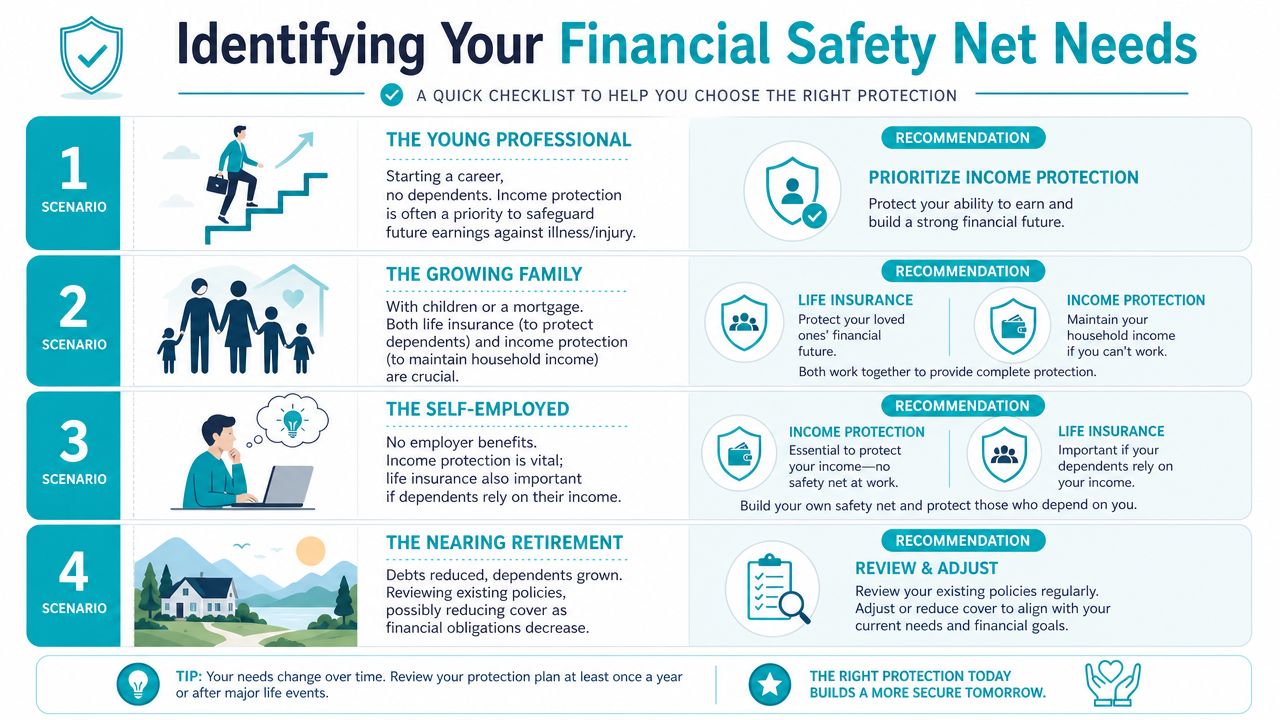 A financial checklist infographic guiding users on choosing appropriate life insurance and income protection based on life stages.