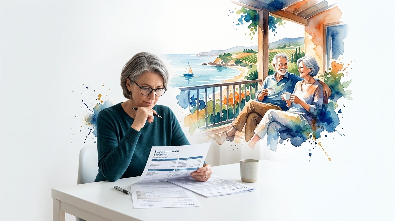 A woman reviewing her superannuation statement while imagining her future retirement relaxing on a seaside balcony.