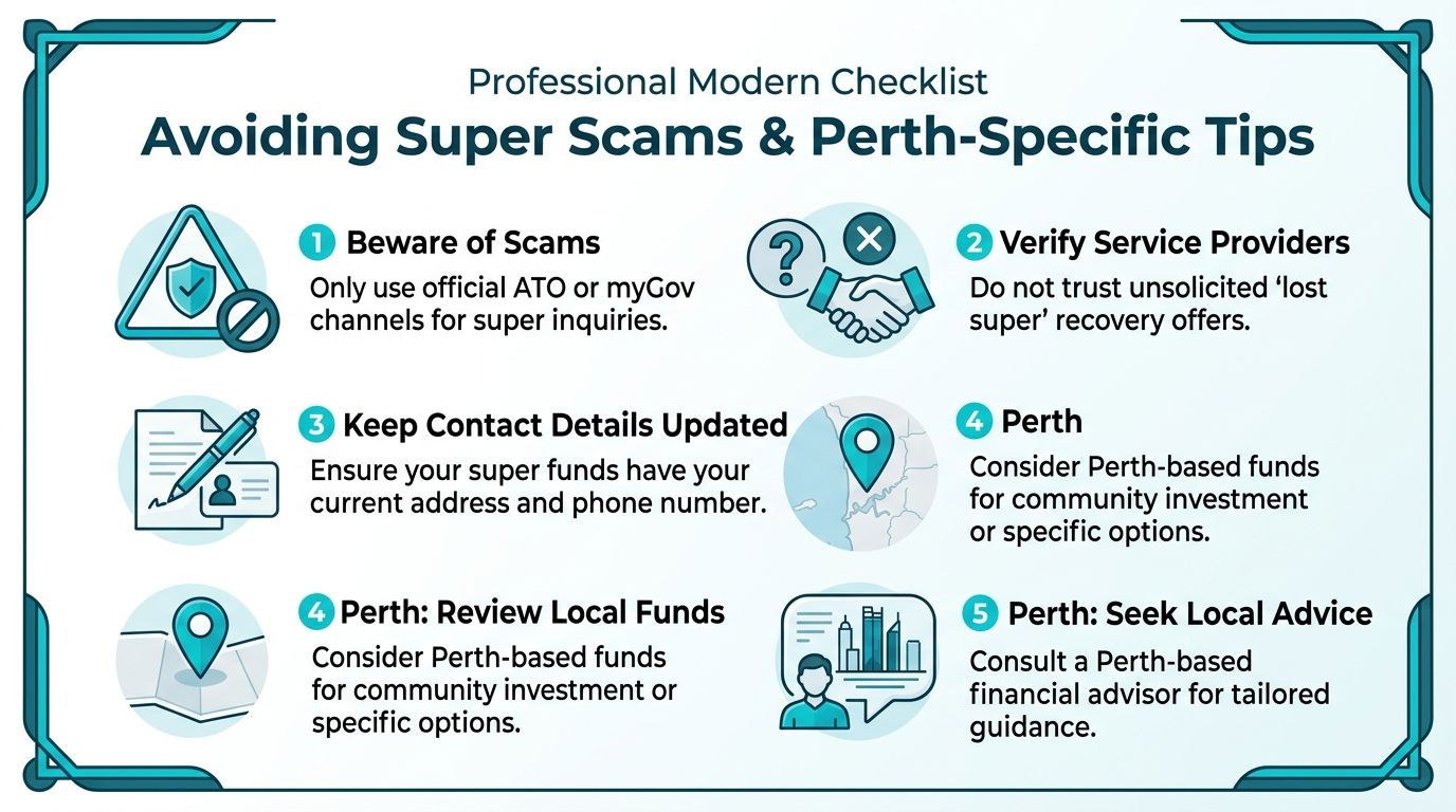 A professional checklist infographic detailing how to avoid superannuation scams and providing specific tips for Perth residents.