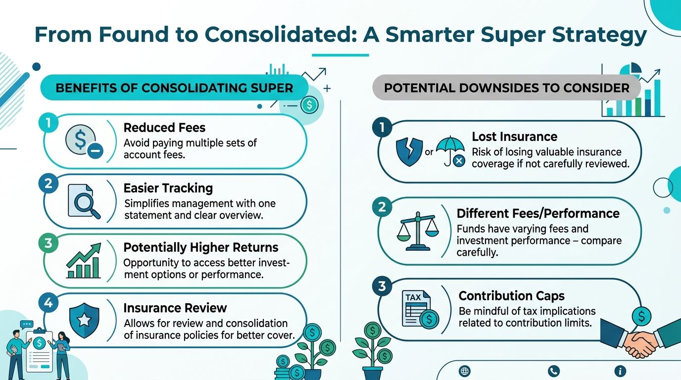 An infographic titled From Found to Consolidated illustrating the benefits and downsides of consolidating superannuation accounts.