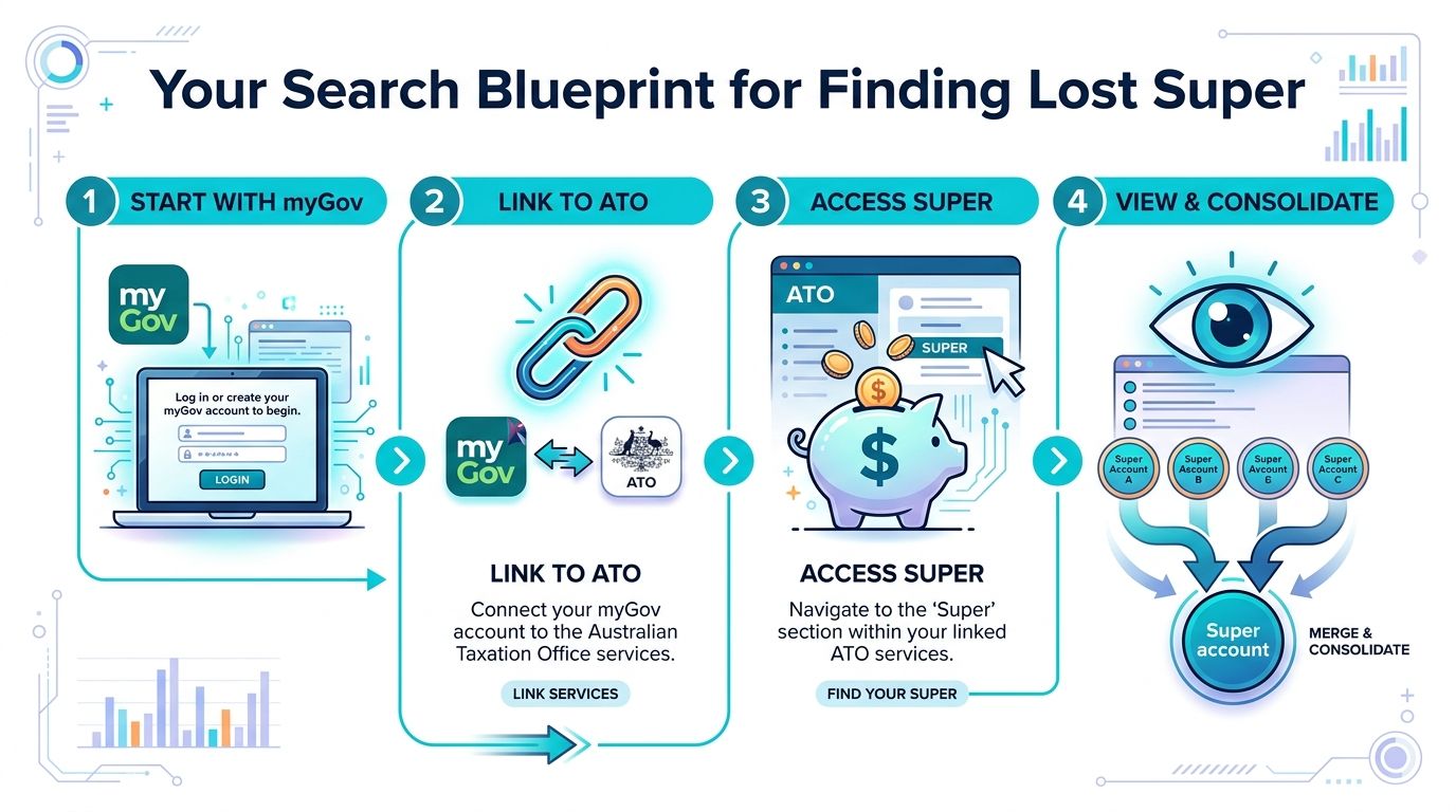 A four-step infographic illustrating how to locate and consolidate lost superannuation accounts via myGov and the ATO.