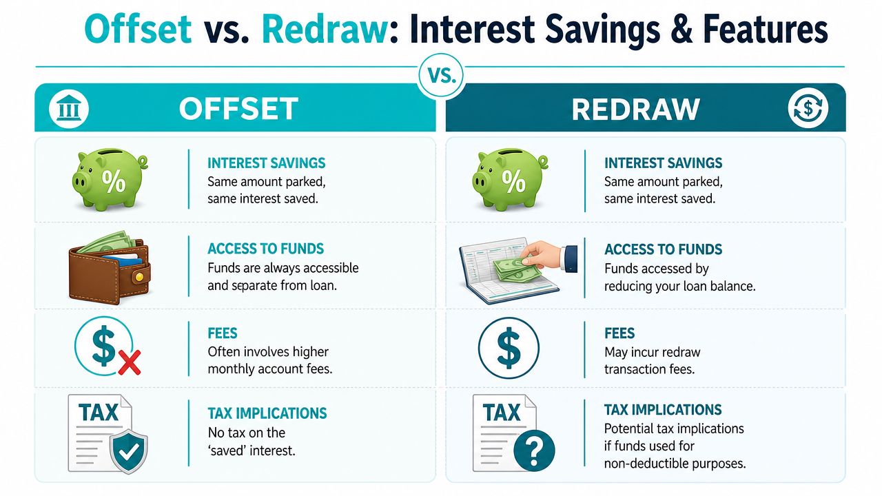 A comparison chart outlining the key differences between offset accounts and redraw facilities for home loans.