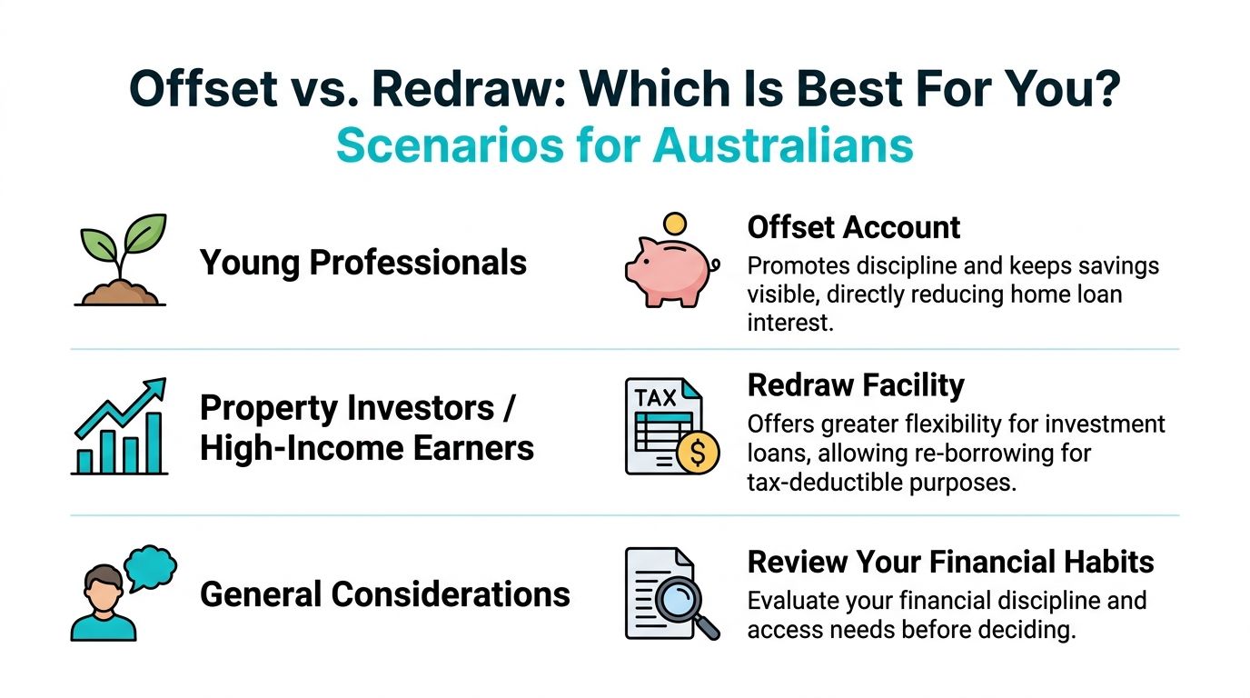 An infographic comparing offset accounts and redraw facilities for Australian homebuyers and investors.
