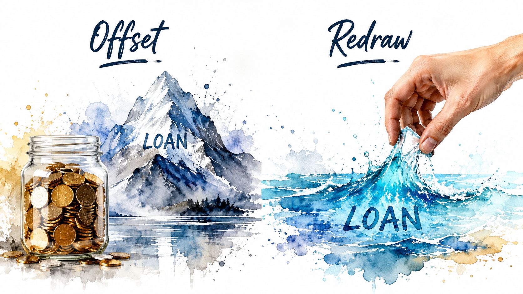 An illustration comparing an offset account with a jar of coins and a redraw facility with water.