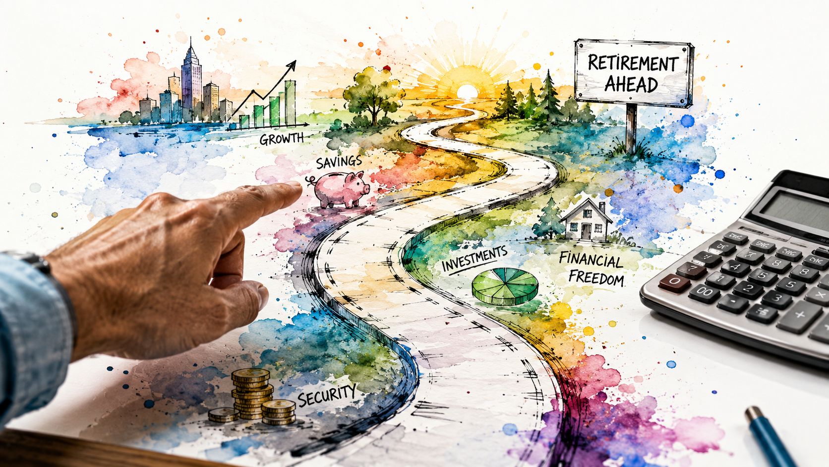 A hand points at a watercolor illustration depicting a financial planning roadmap toward a retirement destination.