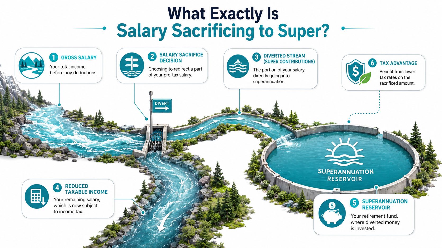 An infographic illustrating how salary sacrificing to superannuation works using a river diversion metaphor.