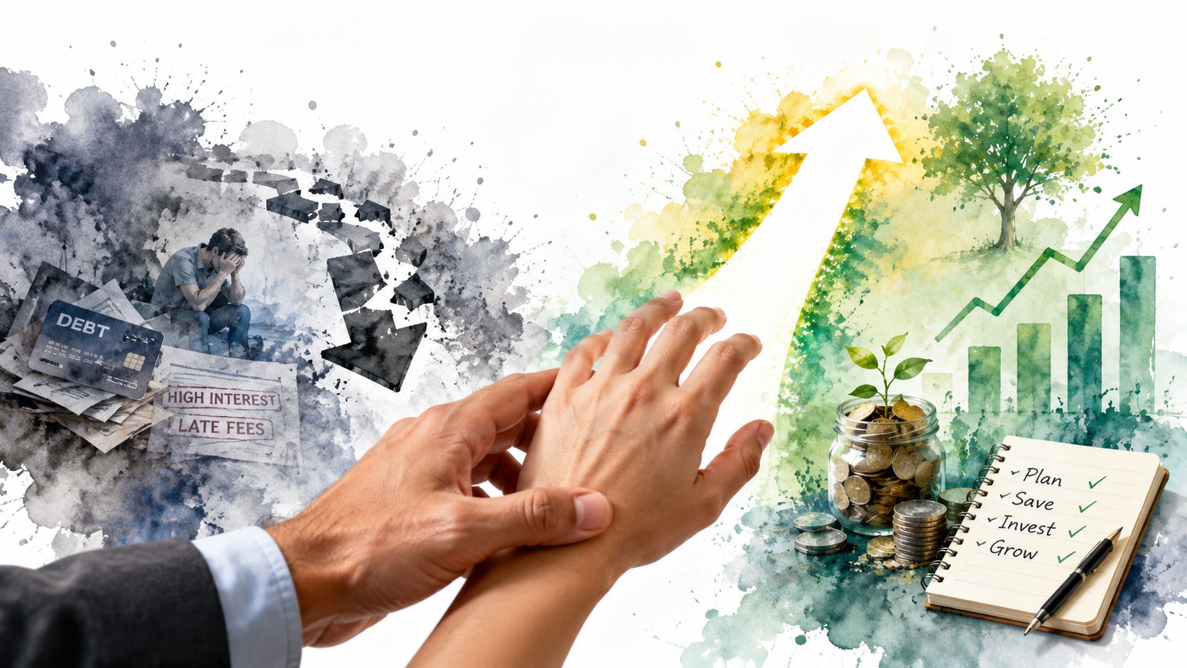 A conceptual image contrasting financial debt and stress with investment growth, savings, and strategic financial planning.