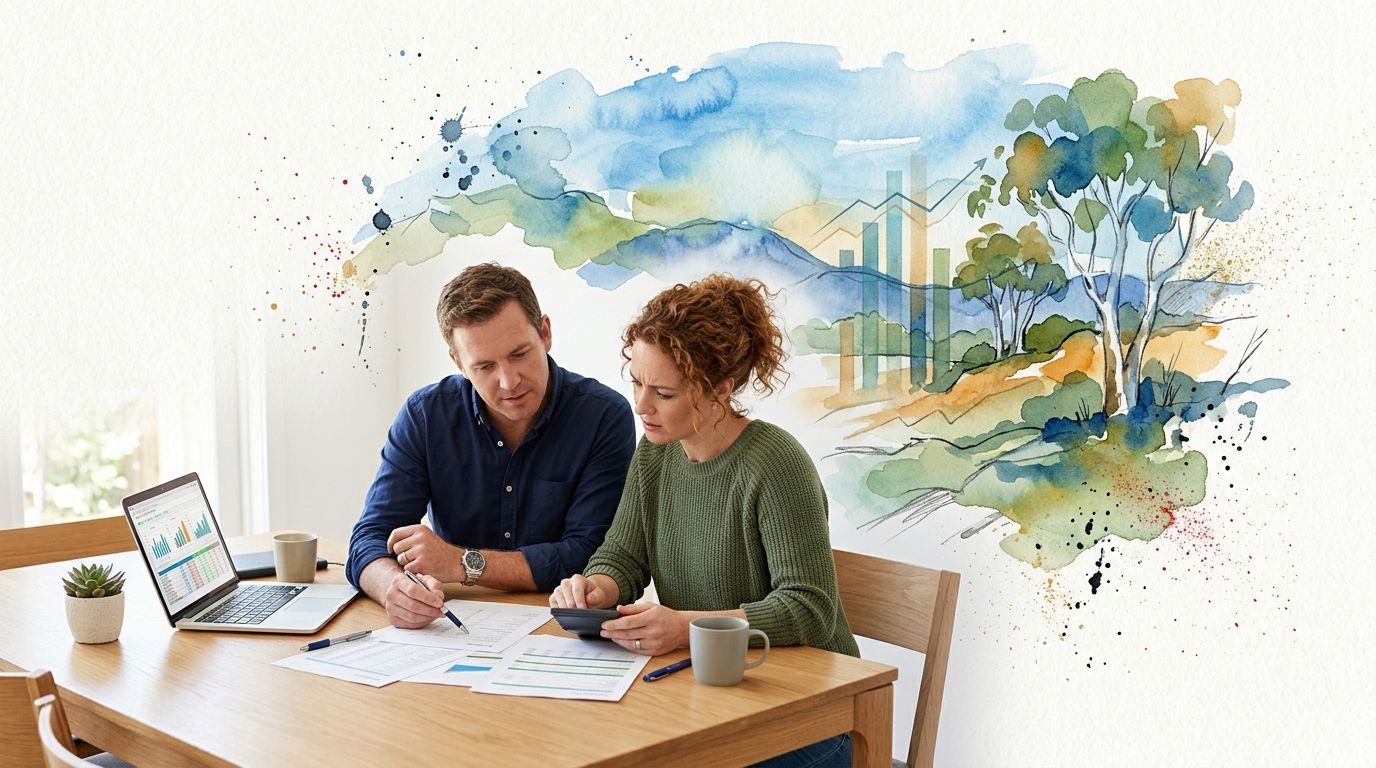 A couple sitting at a wooden table reviewing financial documents and using a laptop together at home.